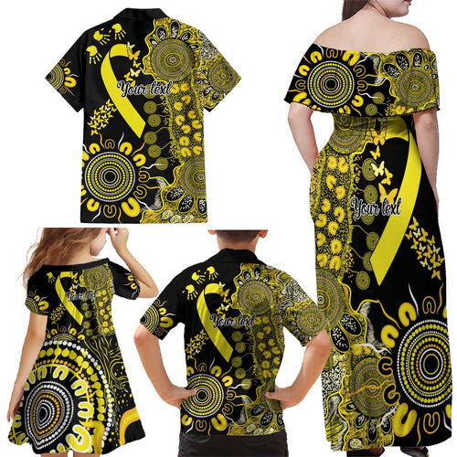 Sarcoma Awareness Personalised Family Matching Off Shoulder Maxi Dress and Hawaiian Shirt Aboriginal Ribbon Dot Painting