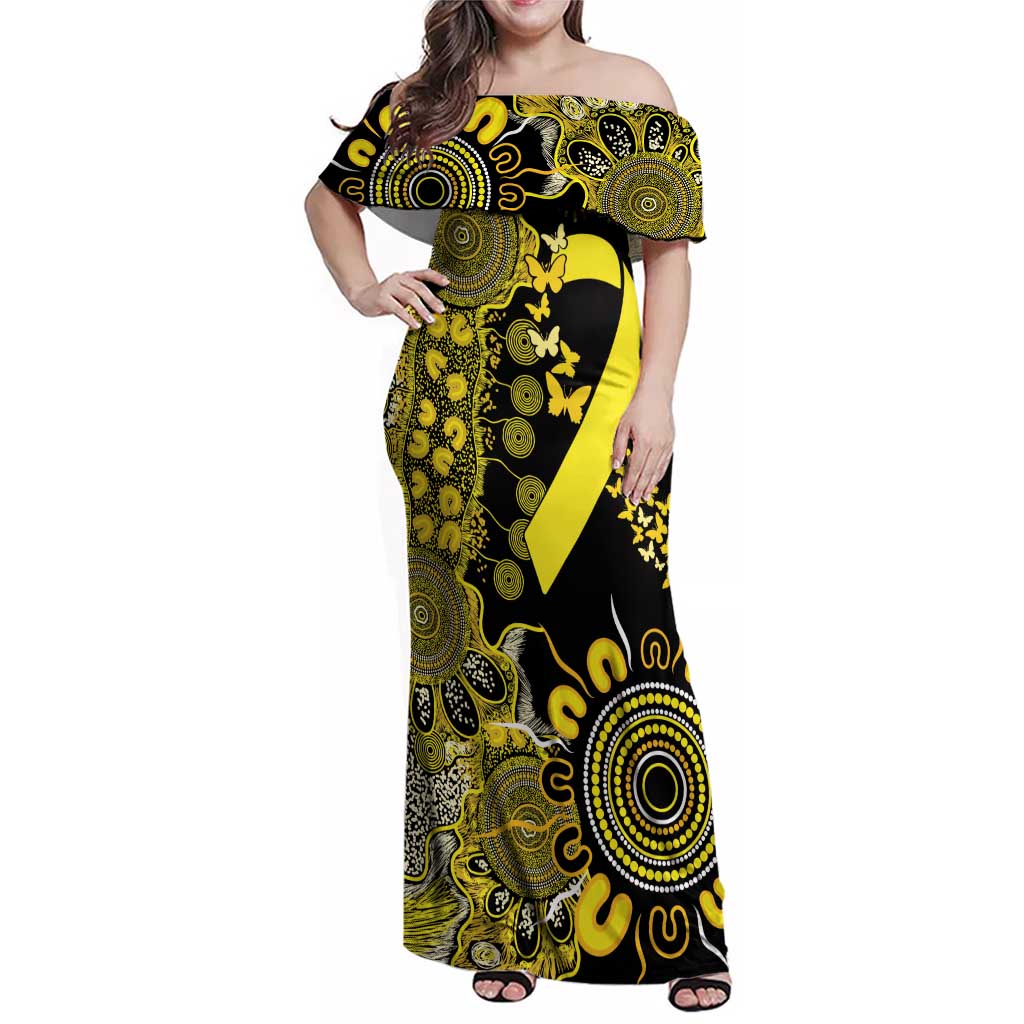 Sarcoma Awareness Personalised Family Matching Off Shoulder Maxi Dress and Hawaiian Shirt Aboriginal Ribbon Dot Painting