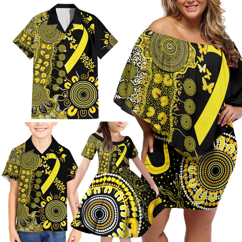 Sarcoma Awareness Personalised Family Matching Off Shoulder Short Dress and Hawaiian Shirt Aboriginal Ribbon Dot Painting