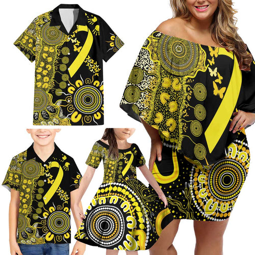 Sarcoma Awareness Personalised Family Matching Off Shoulder Short Dress and Hawaiian Shirt Aboriginal Ribbon Dot Painting
