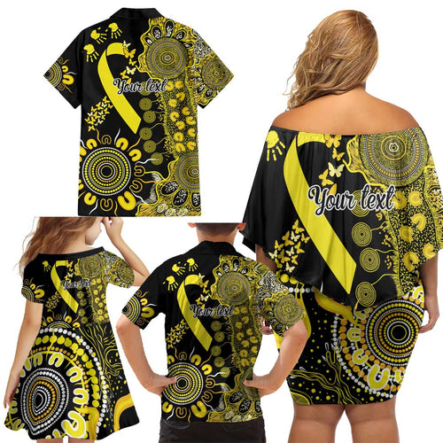 Sarcoma Awareness Personalised Family Matching Off Shoulder Short Dress and Hawaiian Shirt Aboriginal Ribbon Dot Painting