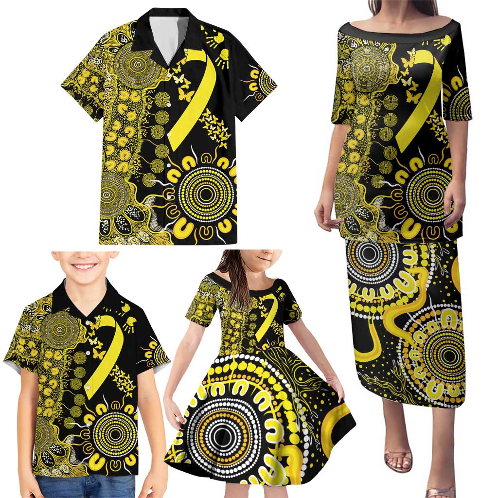 Sarcoma Awareness Personalised Family Matching Puletasi and Hawaiian Shirt Aboriginal Ribbon Dot Painting