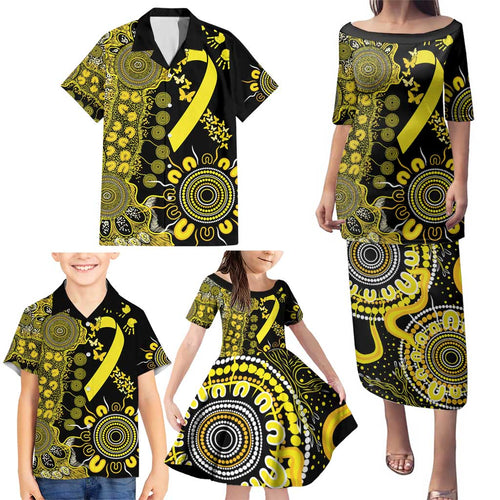 Sarcoma Awareness Personalised Family Matching Puletasi and Hawaiian Shirt Aboriginal Ribbon Dot Painting