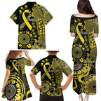 Sarcoma Awareness Personalised Family Matching Puletasi and Hawaiian Shirt Aboriginal Ribbon Dot Painting