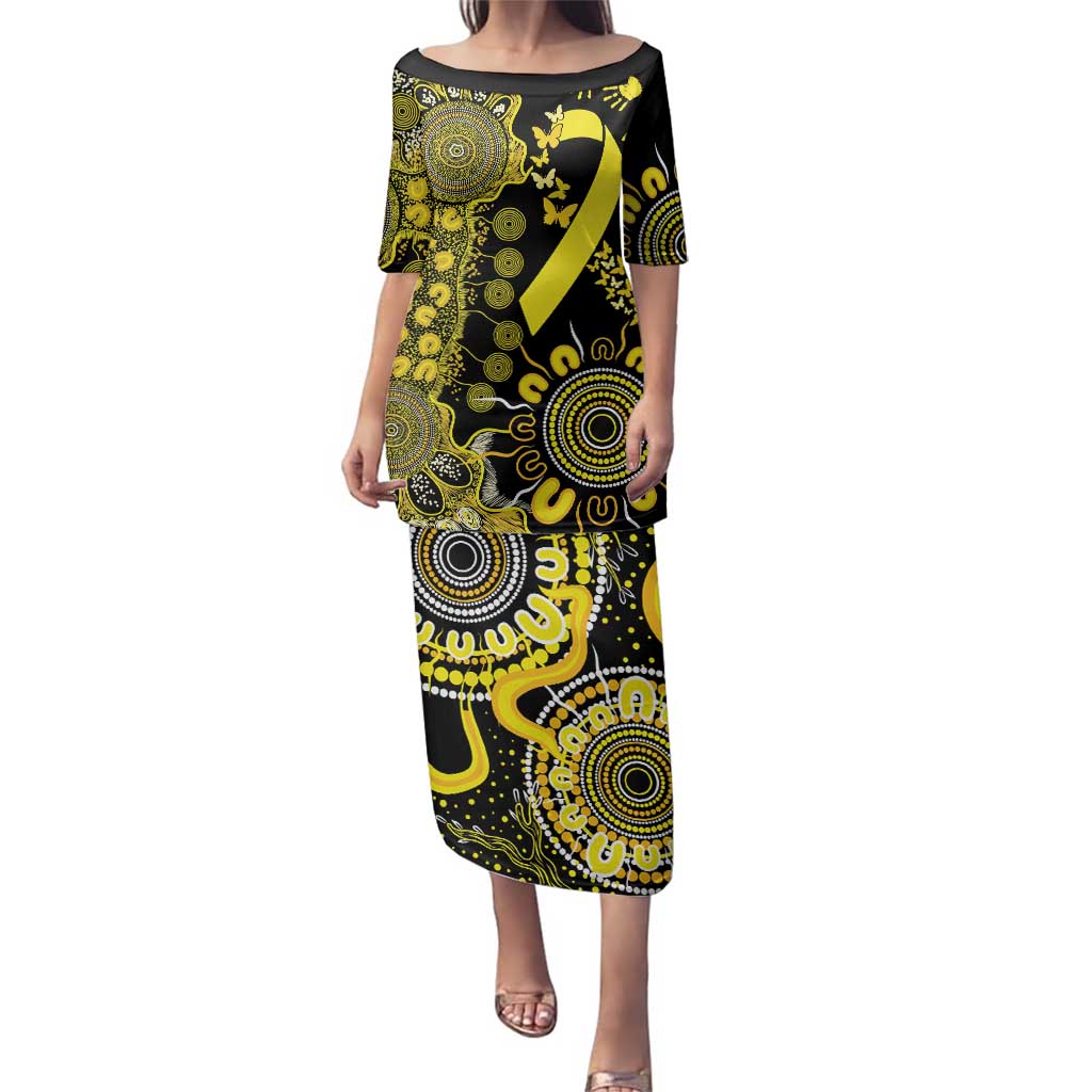 Sarcoma Awareness Personalised Family Matching Puletasi and Hawaiian Shirt Aboriginal Ribbon Dot Painting