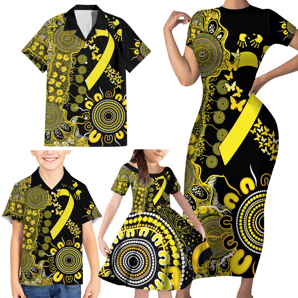 Sarcoma Awareness Personalised Family Matching Short Sleeve Bodycon Dress and Hawaiian Shirt Aboriginal Ribbon Dot Painting