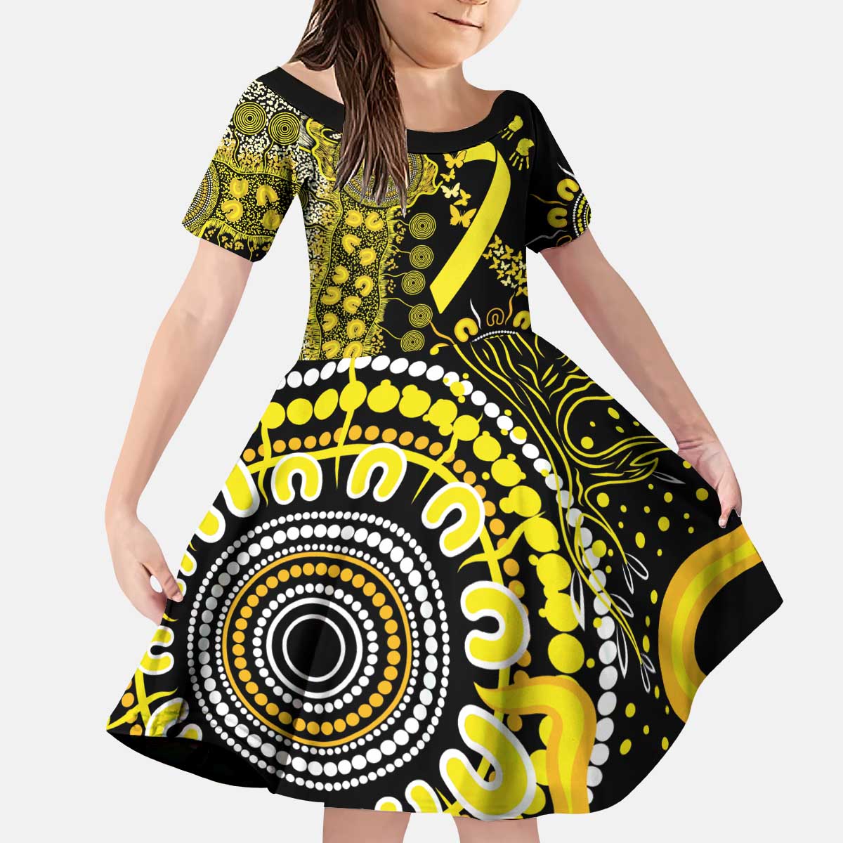 Sarcoma Awareness Personalised Kid Short Sleeve Dress Aboriginal Ribbon Dot Painting