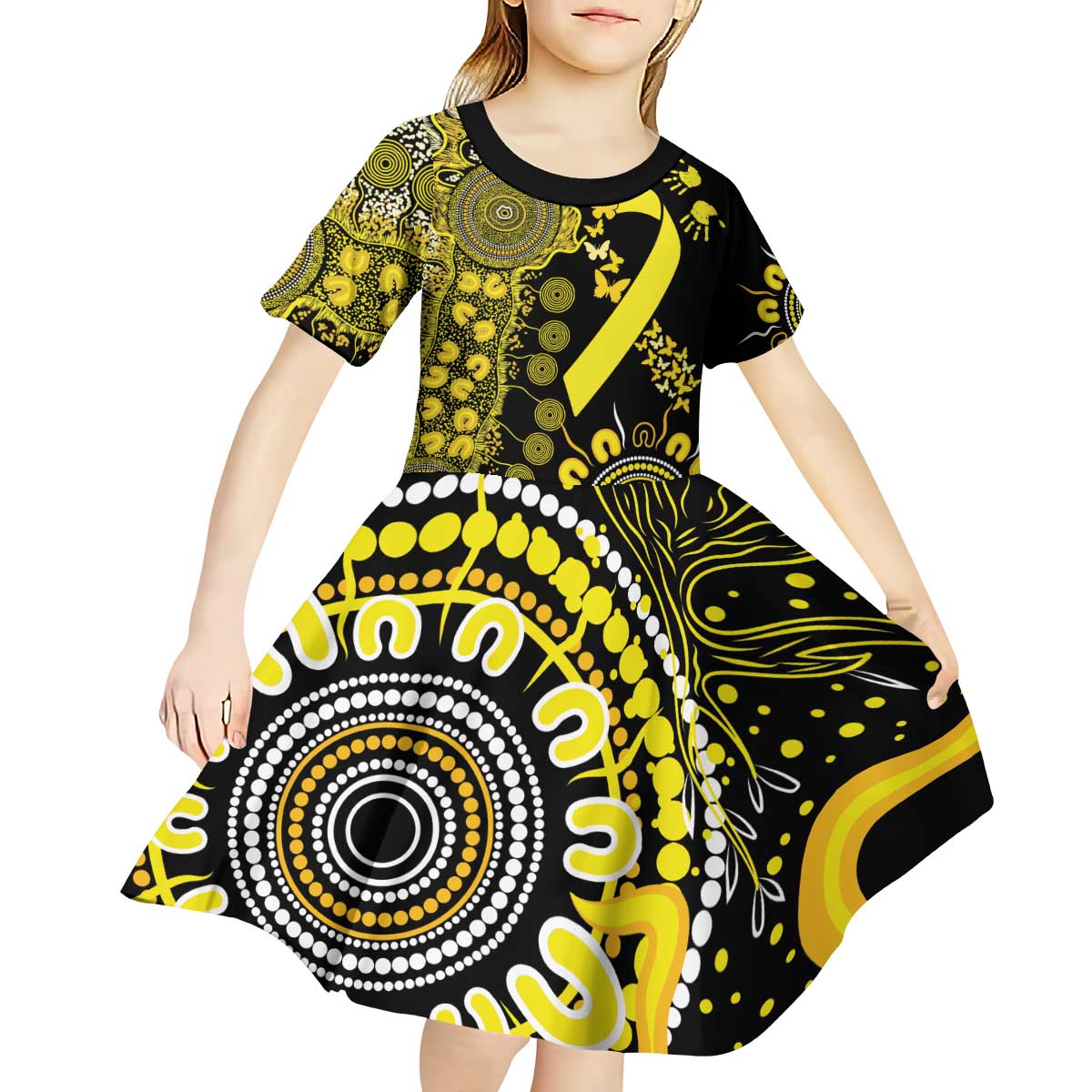 Sarcoma Awareness Personalised Kid Short Sleeve Dress Aboriginal Ribbon Dot Painting