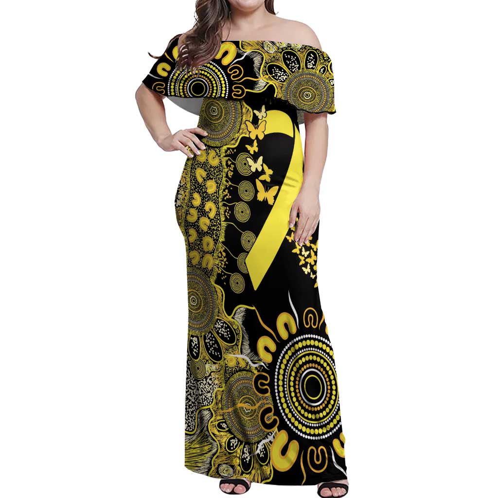 Sarcoma Awareness Personalised Off Shoulder Maxi Dress Aboriginal Ribbon Dot Painting