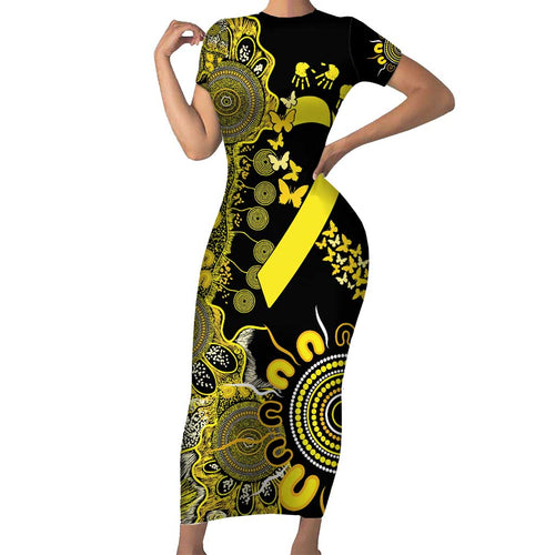 Sarcoma Awareness Personalised Short Sleeve Bodycon Dress Aboriginal Ribbon Dot Painting