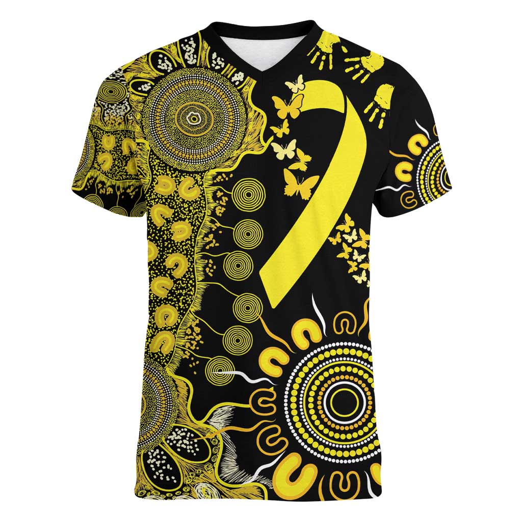 Sarcoma Awareness Personalised Women V-Neck T-Shirt Aboriginal Ribbon Dot Painting