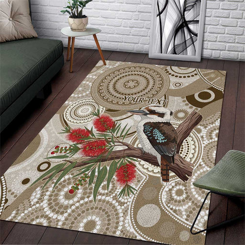 Kookaburra Bottlebrushes Personalised Area Rug Aboriginal Australian Dot Painting - Aussie Hoodie