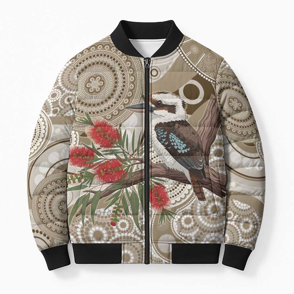Kookaburra Bottlebrushes Personalised Bomber Puffer Jacket Aboriginal Australian Dot Painting - Aussie Hoodie