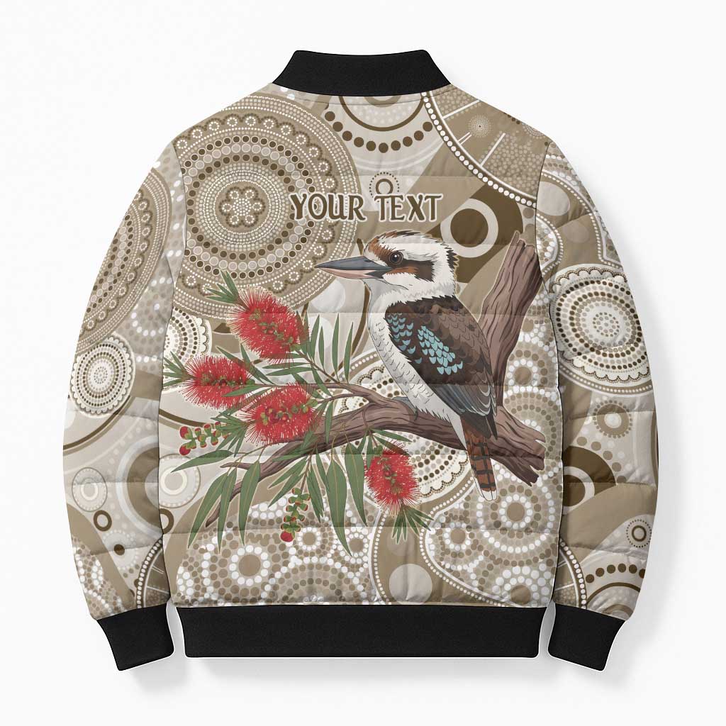 Kookaburra Bottlebrushes Personalised Bomber Puffer Jacket Aboriginal Australian Dot Painting - Aussie Hoodie