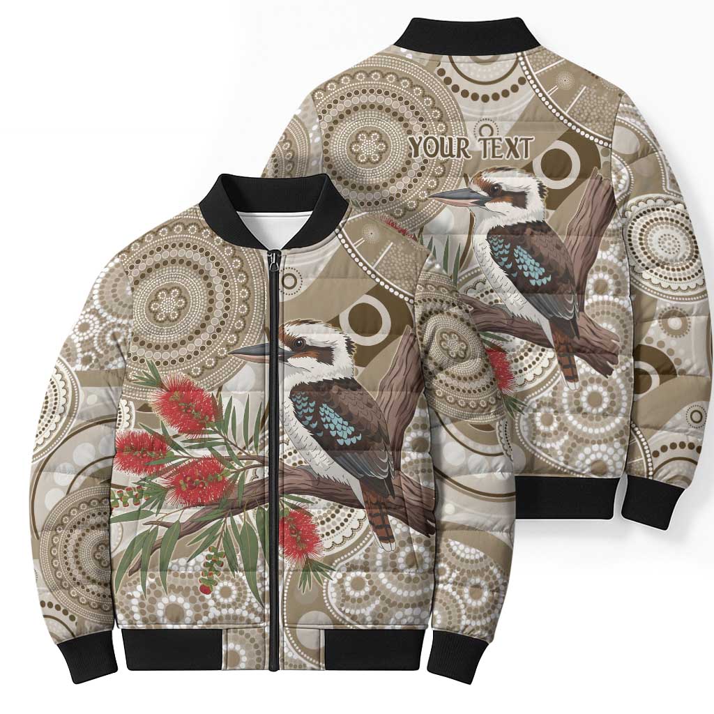 Kookaburra Bottlebrushes Personalised Bomber Puffer Jacket Aboriginal Australian Dot Painting - Aussie Hoodie