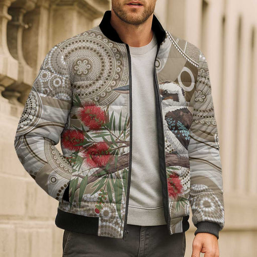 Kookaburra Bottlebrushes Personalised Bomber Puffer Jacket Aboriginal Australian Dot Painting - Aussie Hoodie
