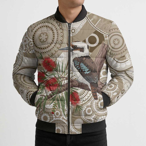 Kookaburra Bottlebrushes Personalised Bomber Puffer Jacket Aboriginal Australian Dot Painting - Aussie Hoodie