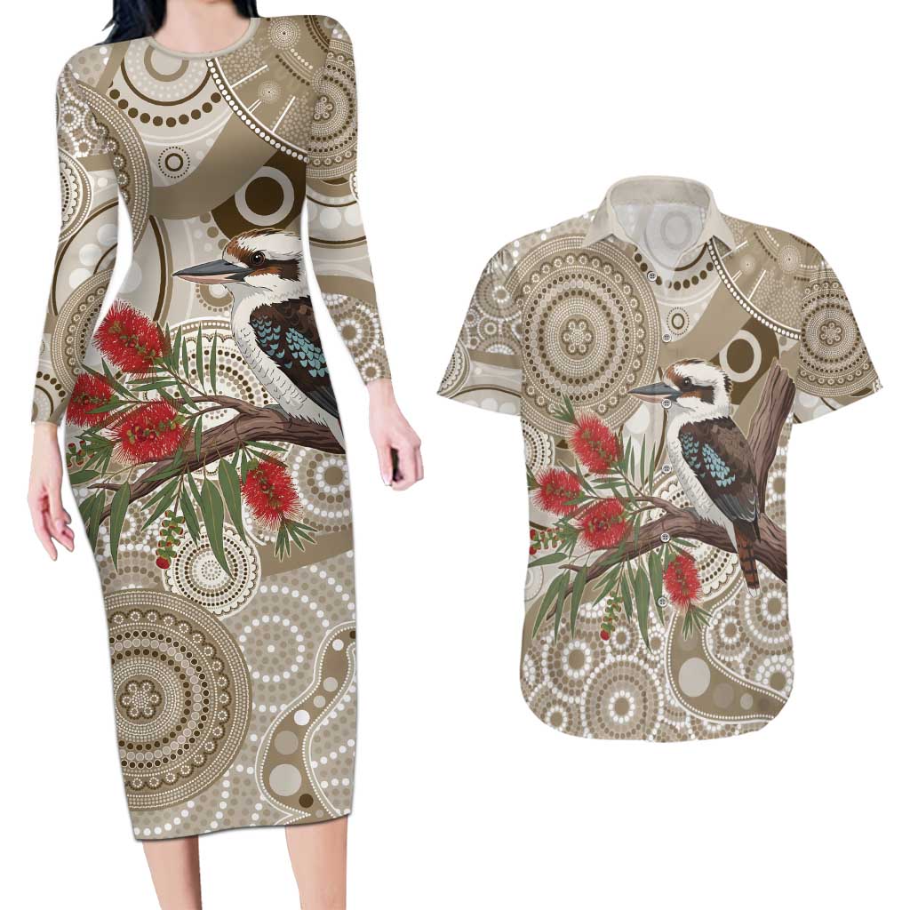 Kookaburra Bottlebrushes Personalised Couples Matching Long Sleeve Bodycon Dress and Hawaiian Shirt Aboriginal Australian Dot Painting - Aussie Hoodie