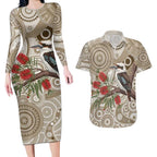 Kookaburra Bottlebrushes Personalised Couples Matching Long Sleeve Bodycon Dress and Hawaiian Shirt Aboriginal Australian Dot Painting - Aussie Hoodie