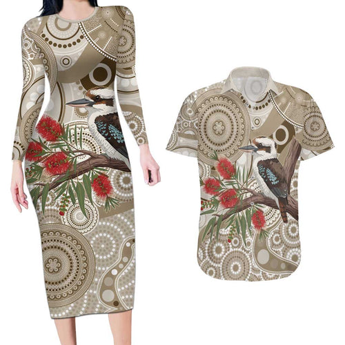 Kookaburra Bottlebrushes Personalised Couples Matching Long Sleeve Bodycon Dress and Hawaiian Shirt Aboriginal Australian Dot Painting - Aussie Hoodie