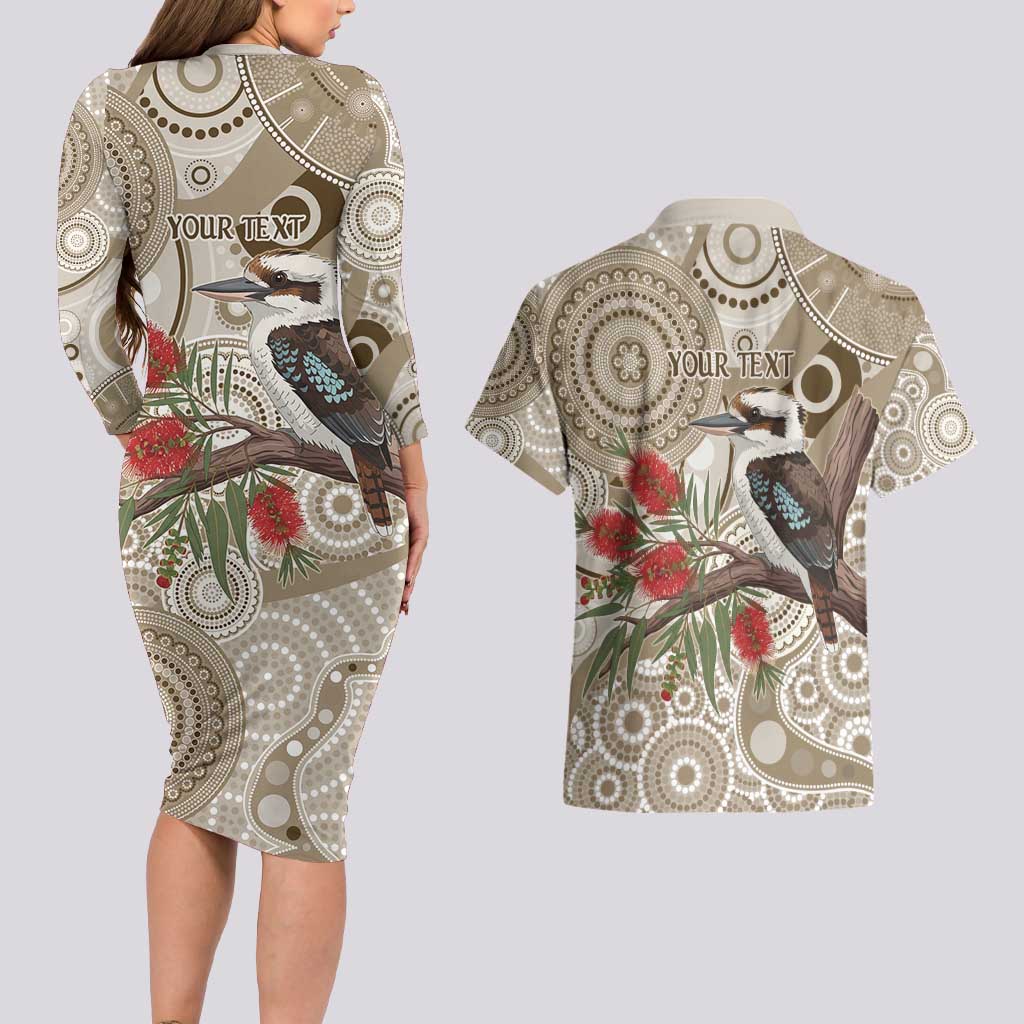 Kookaburra Bottlebrushes Personalised Couples Matching Long Sleeve Bodycon Dress and Hawaiian Shirt Aboriginal Australian Dot Painting - Aussie Hoodie