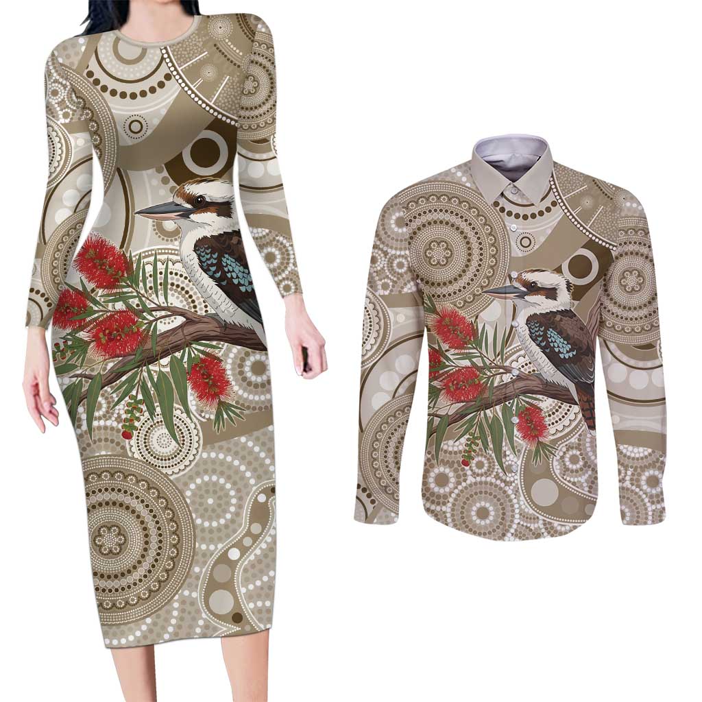 Kookaburra Bottlebrushes Personalised Couples Matching Long Sleeve Bodycon Dress and Long Sleeve Button Shirt Aboriginal Australian Dot Painting - Aussie Hoodie