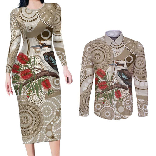 Kookaburra Bottlebrushes Personalised Couples Matching Long Sleeve Bodycon Dress and Long Sleeve Button Shirt Aboriginal Australian Dot Painting - Aussie Hoodie