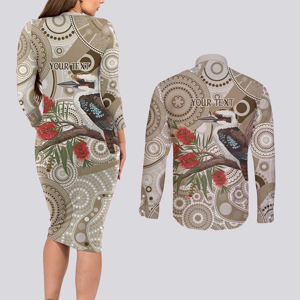 Kookaburra Bottlebrushes Personalised Couples Matching Long Sleeve Bodycon Dress and Long Sleeve Button Shirt Aboriginal Australian Dot Painting - Aussie Hoodie