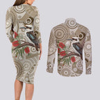 Kookaburra Bottlebrushes Personalised Couples Matching Long Sleeve Bodycon Dress and Long Sleeve Button Shirt Aboriginal Australian Dot Painting - Aussie Hoodie