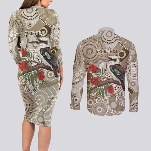 Kookaburra Bottlebrushes Personalised Couples Matching Long Sleeve Bodycon Dress and Long Sleeve Button Shirt Aboriginal Australian Dot Painting - Aussie Hoodie