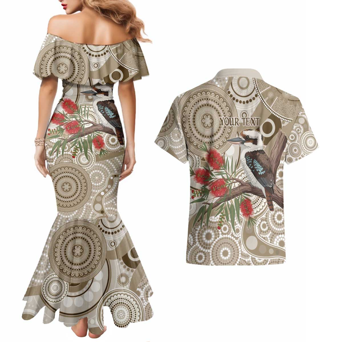 Kookaburra Bottlebrushes Personalised Couples Matching Mermaid Dress and Hawaiian Shirt Aboriginal Australian Dot Painting - Aussie Hoodie