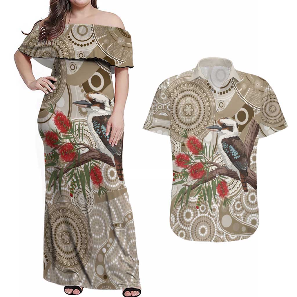 Kookaburra Bottlebrushes Personalised Couples Matching Off Shoulder Maxi Dress and Hawaiian Shirt Aboriginal Australian Dot Painting - Aussie Hoodie