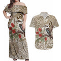 Kookaburra Bottlebrushes Personalised Couples Matching Off Shoulder Maxi Dress and Hawaiian Shirt Aboriginal Australian Dot Painting - Aussie Hoodie