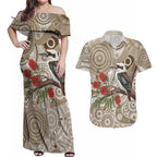 Kookaburra Bottlebrushes Personalised Couples Matching Off Shoulder Maxi Dress and Hawaiian Shirt Aboriginal Australian Dot Painting - Aussie Hoodie