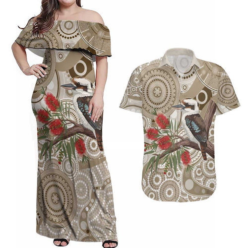 Kookaburra Bottlebrushes Personalised Couples Matching Off Shoulder Maxi Dress and Hawaiian Shirt Aboriginal Australian Dot Painting - Aussie Hoodie