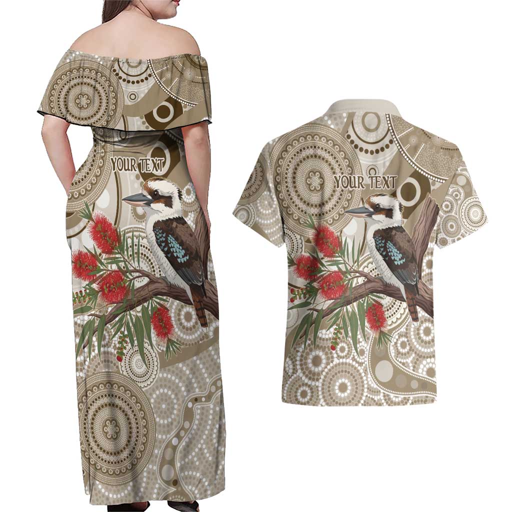 Kookaburra Bottlebrushes Personalised Couples Matching Off Shoulder Maxi Dress and Hawaiian Shirt Aboriginal Australian Dot Painting - Aussie Hoodie