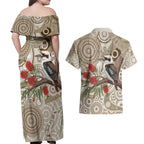 Kookaburra Bottlebrushes Personalised Couples Matching Off Shoulder Maxi Dress and Hawaiian Shirt Aboriginal Australian Dot Painting - Aussie Hoodie