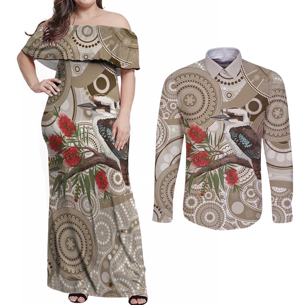 Kookaburra Bottlebrushes Personalised Couples Matching Off Shoulder Maxi Dress and Long Sleeve Button Shirt Aboriginal Australian Dot Painting - Aussie Hoodie