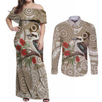 Kookaburra Bottlebrushes Personalised Couples Matching Off Shoulder Maxi Dress and Long Sleeve Button Shirt Aboriginal Australian Dot Painting - Aussie Hoodie