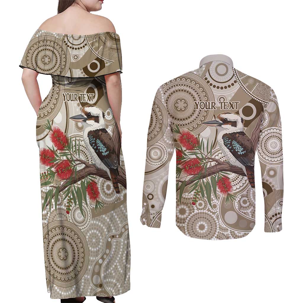 Kookaburra Bottlebrushes Personalised Couples Matching Off Shoulder Maxi Dress and Long Sleeve Button Shirt Aboriginal Australian Dot Painting - Aussie Hoodie