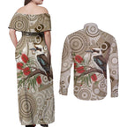 Kookaburra Bottlebrushes Personalised Couples Matching Off Shoulder Maxi Dress and Long Sleeve Button Shirt Aboriginal Australian Dot Painting - Aussie Hoodie