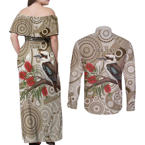 Kookaburra Bottlebrushes Personalised Couples Matching Off Shoulder Maxi Dress and Long Sleeve Button Shirt Aboriginal Australian Dot Painting - Aussie Hoodie
