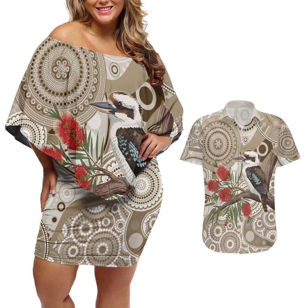 Kookaburra Bottlebrushes Personalised Couples Matching Off Shoulder Short Dress and Hawaiian Shirt Aboriginal Australian Dot Painting - Aussie Hoodie