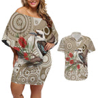 Kookaburra Bottlebrushes Personalised Couples Matching Off Shoulder Short Dress and Hawaiian Shirt Aboriginal Australian Dot Painting - Aussie Hoodie