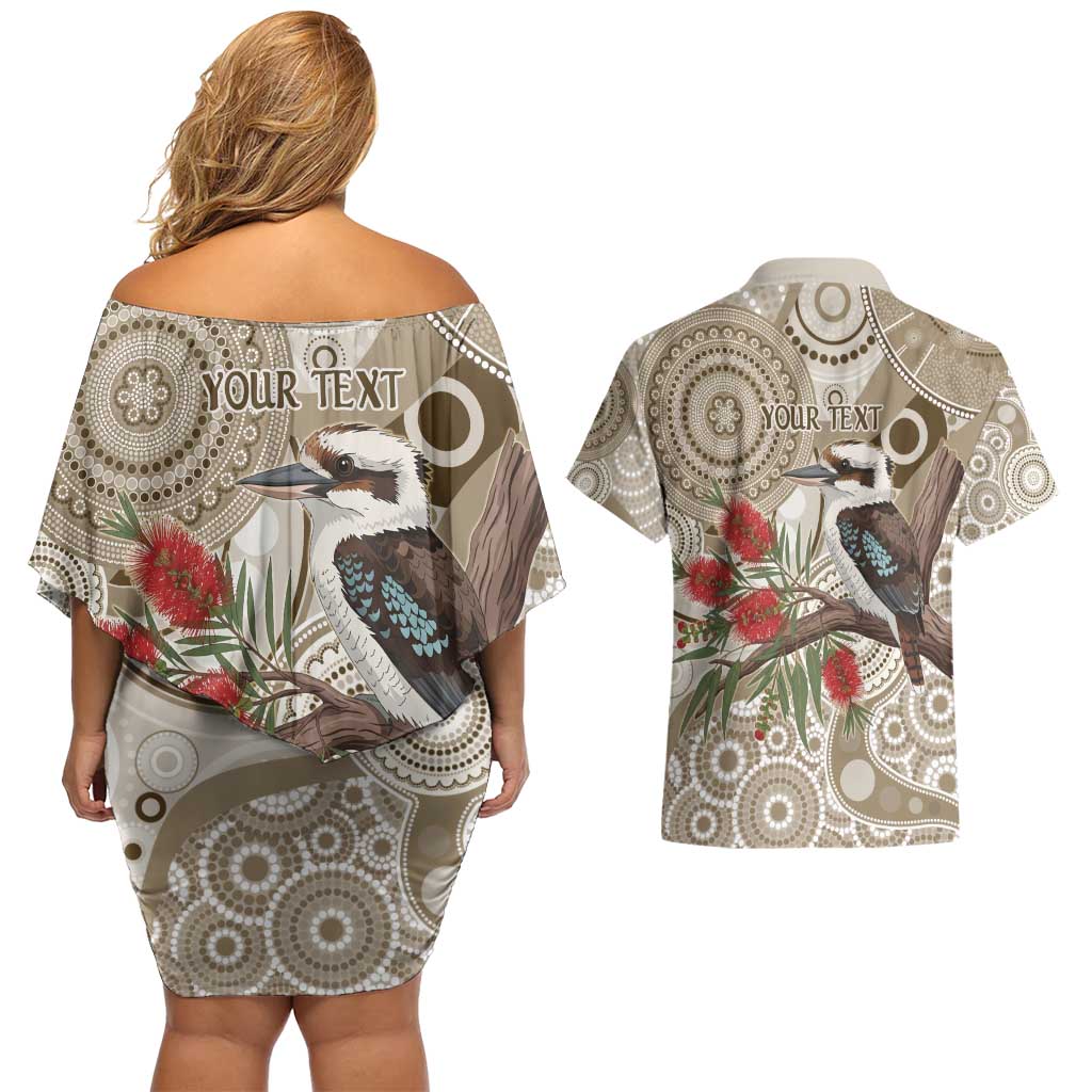 Kookaburra Bottlebrushes Personalised Couples Matching Off Shoulder Short Dress and Hawaiian Shirt Aboriginal Australian Dot Painting - Aussie Hoodie