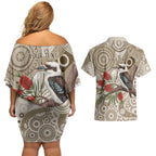 Kookaburra Bottlebrushes Personalised Couples Matching Off Shoulder Short Dress and Hawaiian Shirt Aboriginal Australian Dot Painting - Aussie Hoodie