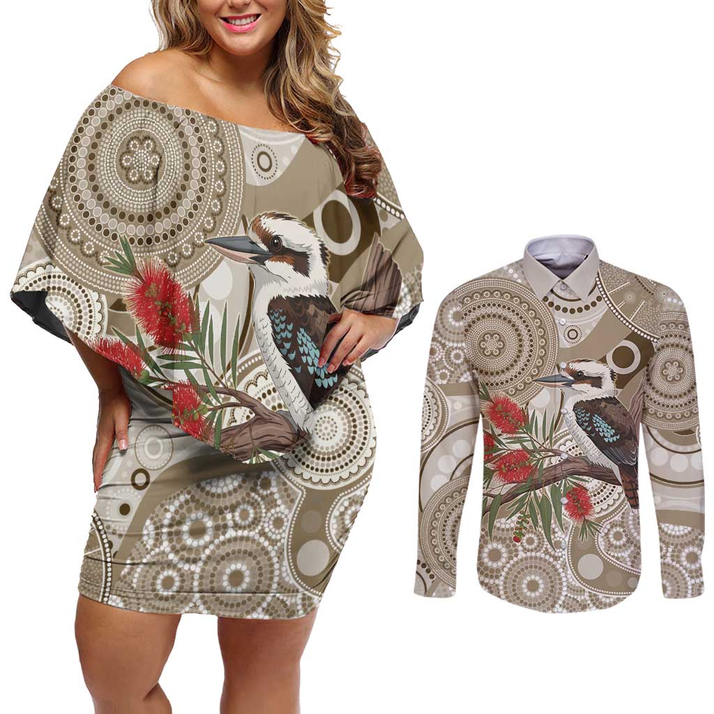 Kookaburra Bottlebrushes Personalised Couples Matching Off Shoulder Short Dress and Long Sleeve Button Shirt Aboriginal Australian Dot Painting - Aussie Hoodie