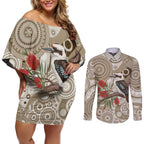 Kookaburra Bottlebrushes Personalised Couples Matching Off Shoulder Short Dress and Long Sleeve Button Shirt Aboriginal Australian Dot Painting - Aussie Hoodie