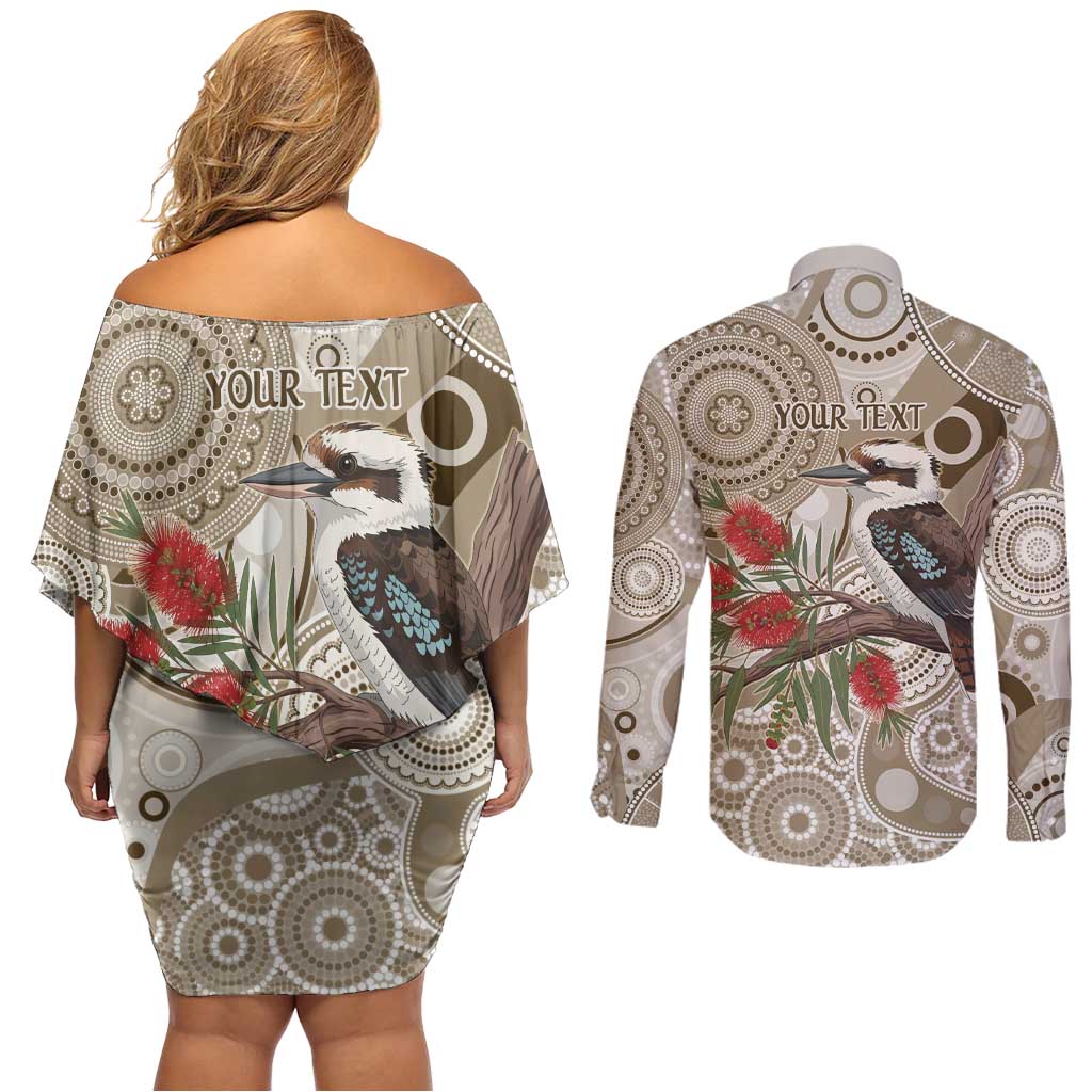 Kookaburra Bottlebrushes Personalised Couples Matching Off Shoulder Short Dress and Long Sleeve Button Shirt Aboriginal Australian Dot Painting - Aussie Hoodie