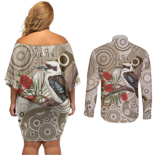 Kookaburra Bottlebrushes Personalised Couples Matching Off Shoulder Short Dress and Long Sleeve Button Shirt Aboriginal Australian Dot Painting - Aussie Hoodie